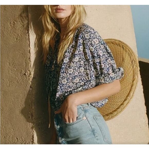 Doen Jane Blouse in Navy Blue Jessamine Calico Floral Jewel Tone Fall Top - Picture 4 of 8